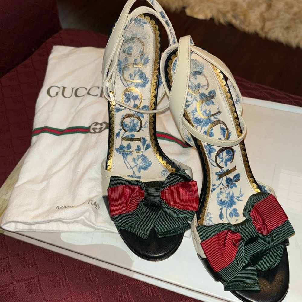 Floral Gucci Heels w/ Red & Green Bow